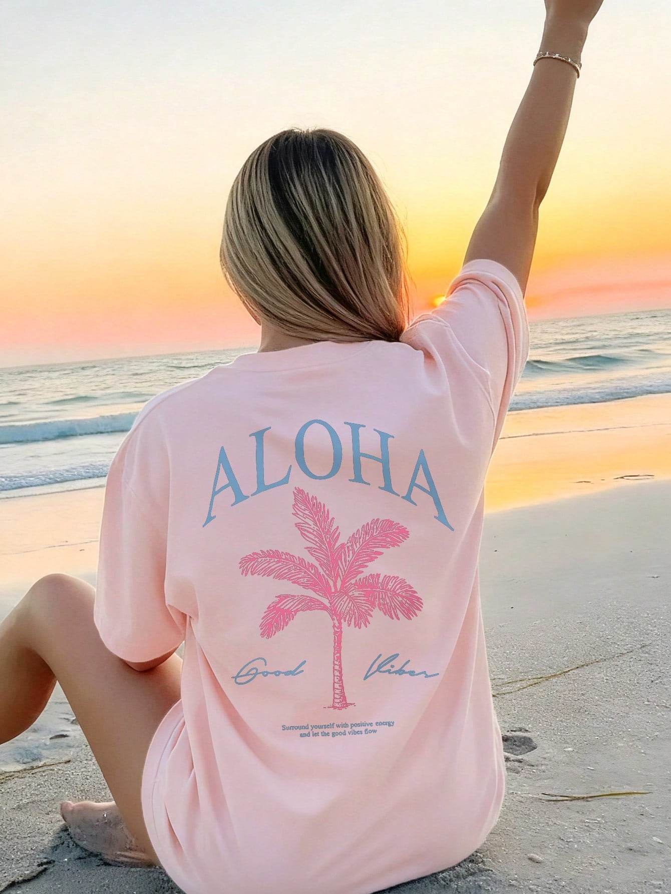 SXV Summer New Palm Tree Slogan Print Casual Round Neck Short Sleeve T-Shirt
