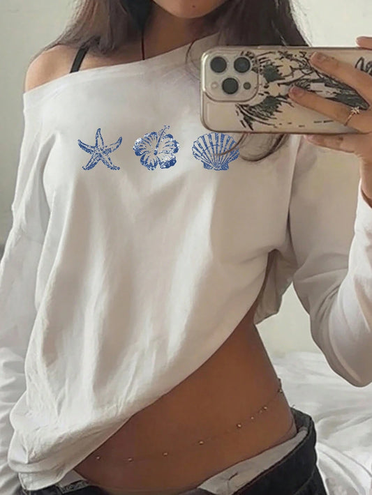 SXV Summer New Hibiscus, Starfish, Shell Print Scoop Neck Oblique Shoulder