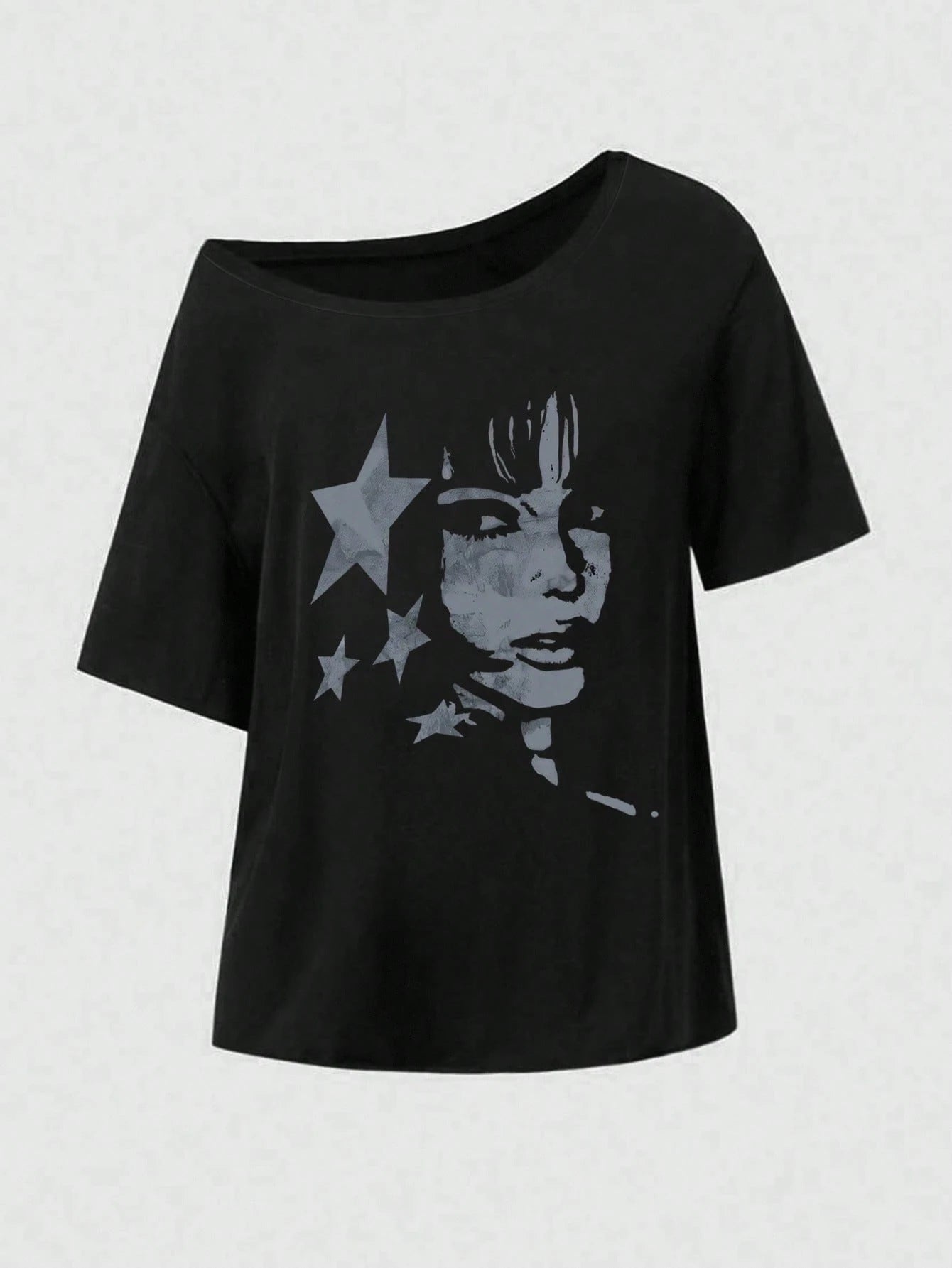 SXV Oversized Pentagram Graphic Print T-Shirt, Women Off Shoulder