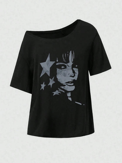 SXV Oversized Pentagram Graphic Print T-Shirt, Women Off Shoulder