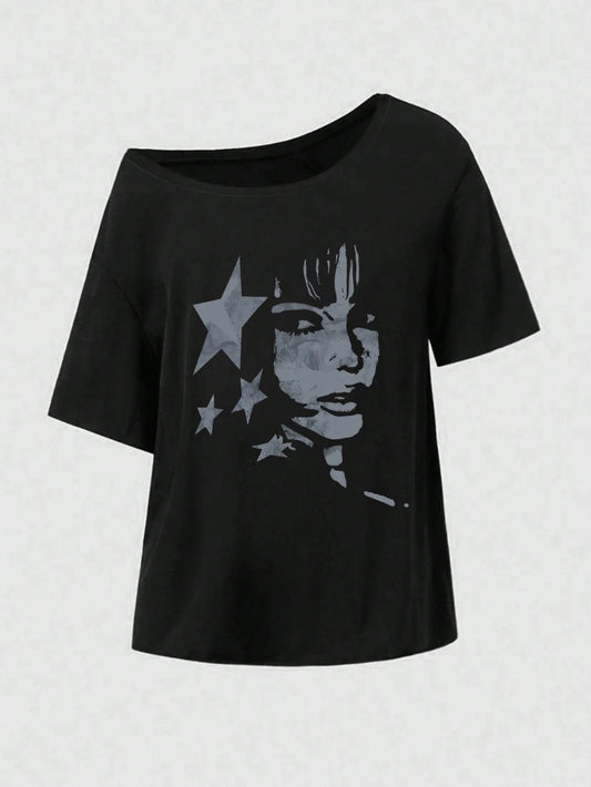 SXV Oversized Pentagram Graphic Print T-Shirt, Women Off Shoulder