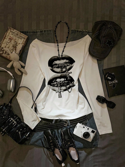 SXV Women's Oversized Asymmetrical Cold Shoulder Long Sleeve T-Shirt, Sexy Lips & Cross Print, Retro Y2K Punk
