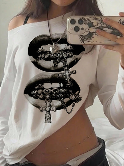 SXV Women's Oversized Asymmetrical Cold Shoulder Long Sleeve T-Shirt, Sexy Lips & Cross Print, Retro Y2K Punk