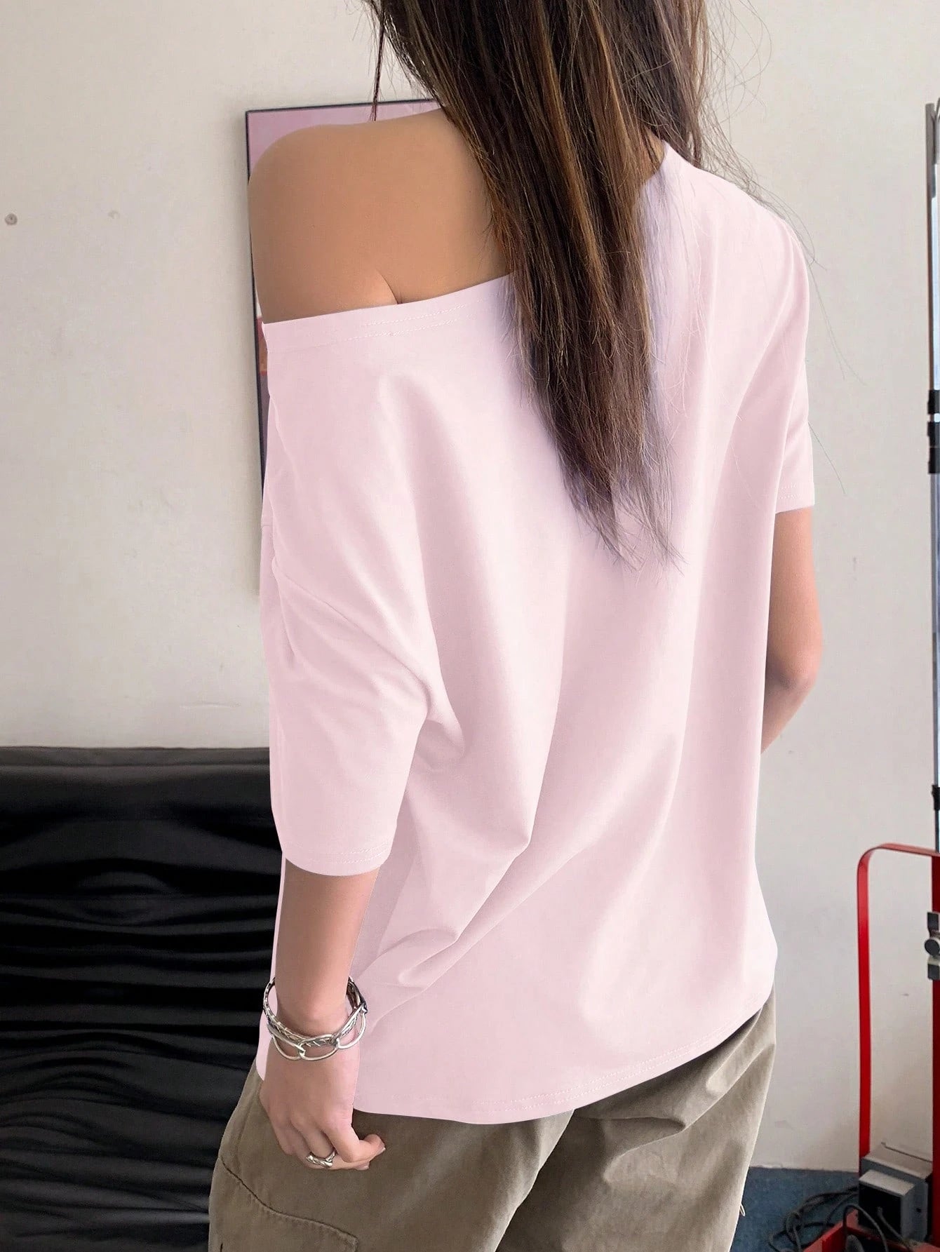 SXV East coast pink Women Letter Print Asymmetric Collar Short Sleeve Loose Casual T-Shirt