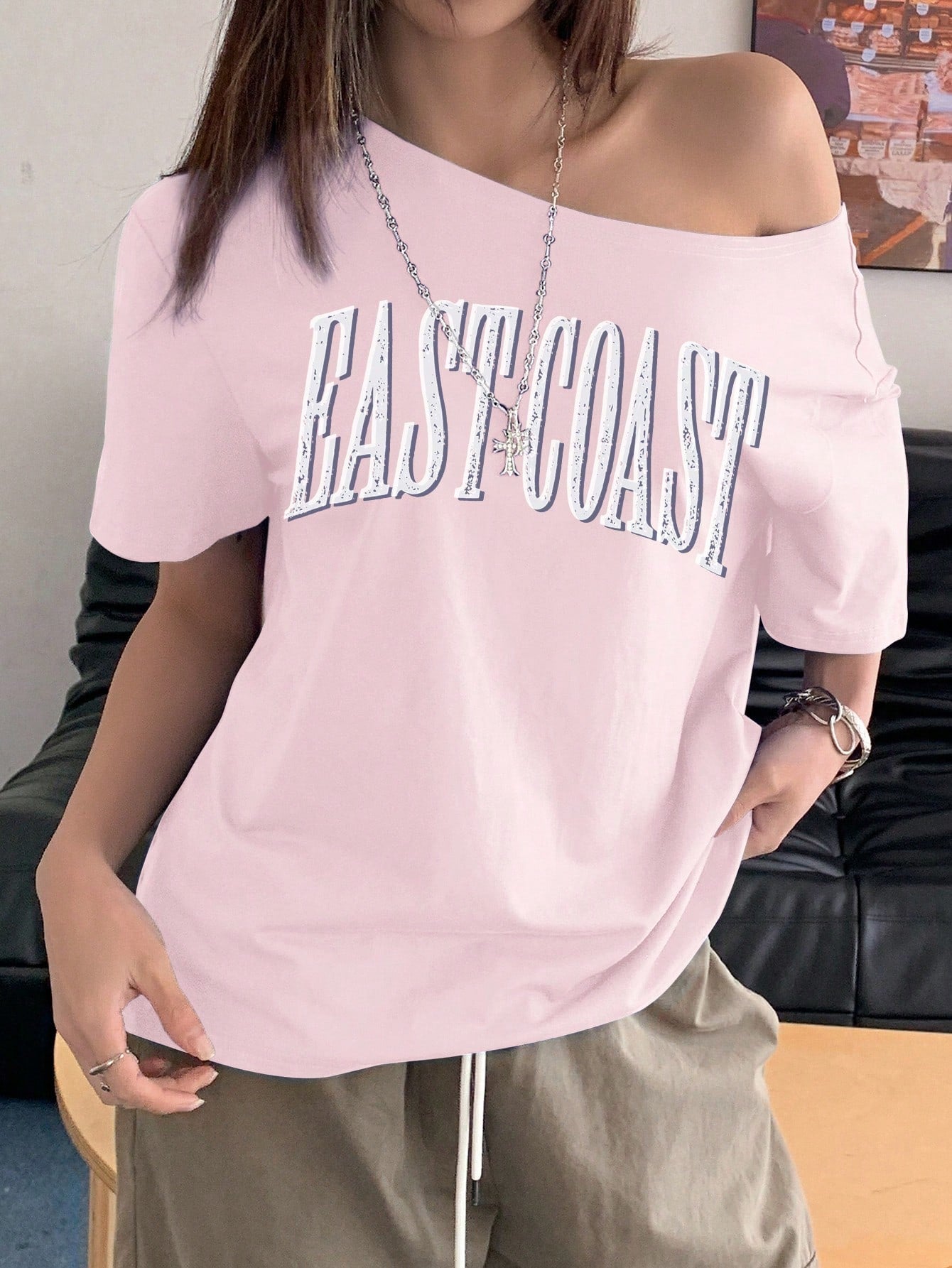SXV East coast pink Women Letter Print Asymmetric Collar Short Sleeve Loose Casual T-Shirt