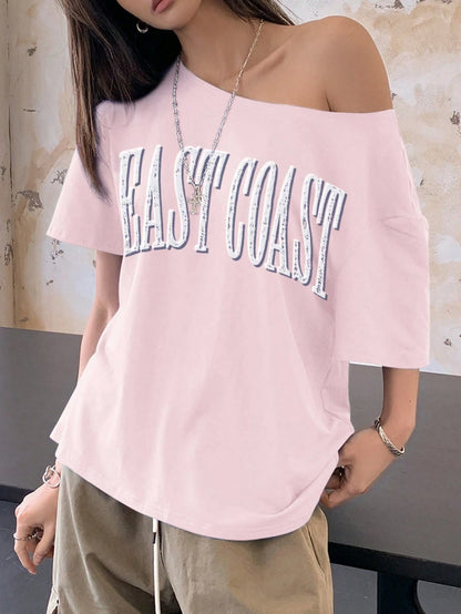 SXV East coast pink Women Letter Print Asymmetric Collar Short Sleeve Loose Casual T-Shirt