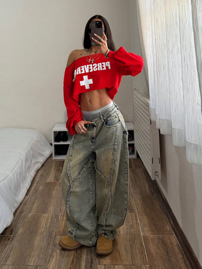 SXV Grunge Streetwear Punk Fitted Oblique Shoulder Off-Shoulder Long Sleeve Sweatshirt