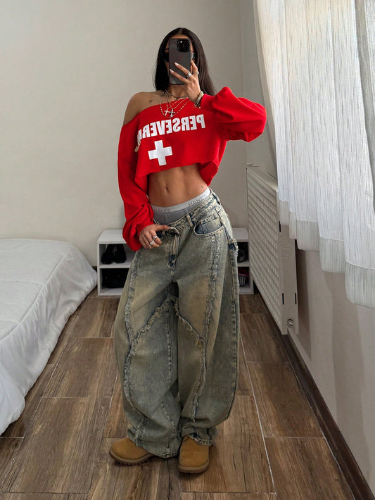 SXV Grunge Streetwear Punk Fitted Oblique Shoulder Off-Shoulder Long Sleeve Sweatshirt