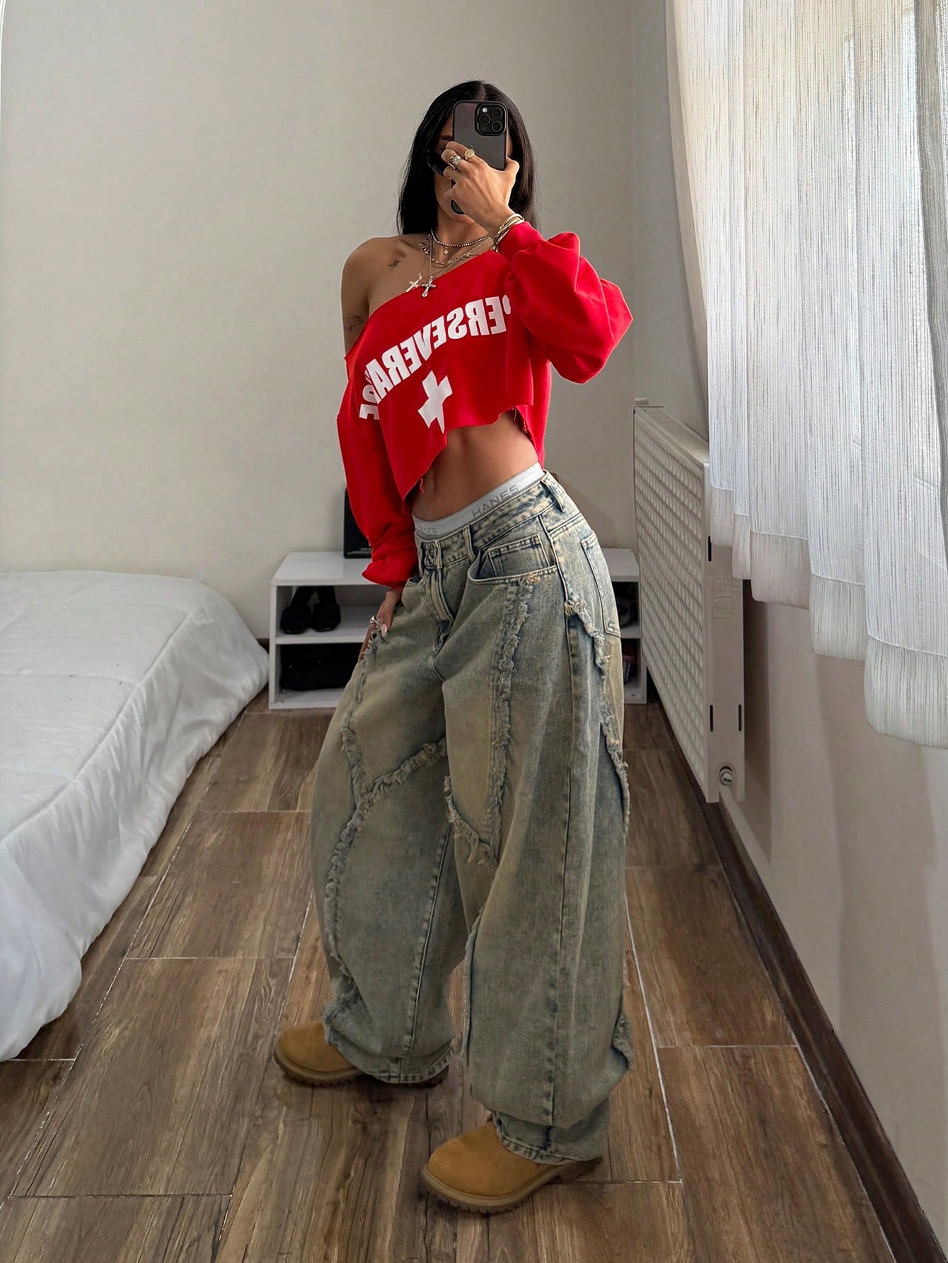SXV Grunge Streetwear Punk Fitted Oblique Shoulder Off-Shoulder Long Sleeve Sweatshirt
