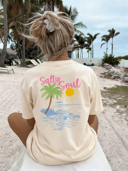 SXV Summer New Coconut Tree Print Casual Round Neck Short Sleeve T-Shirt