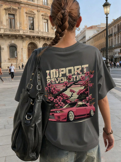 SXV Summer New Casual Chic Floral & Racing Car Graphic Print Round Neck Short Sleeve T-Shirt