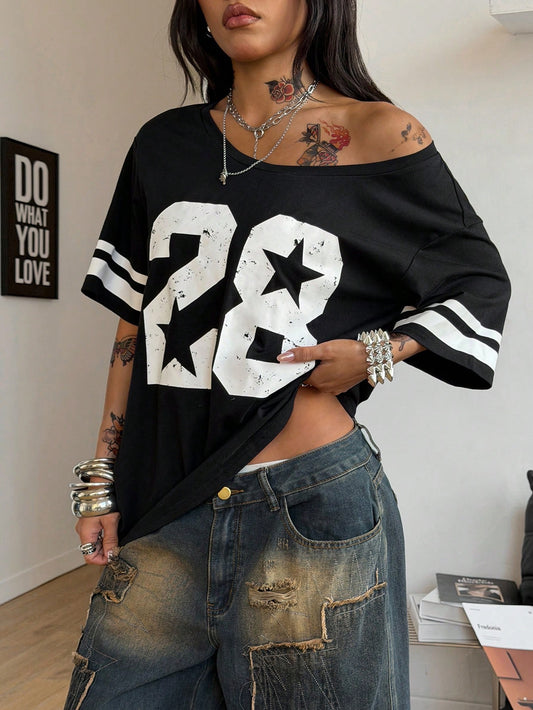 SXV Streetwear Going Out Vintage Sport Casual Game Day Homecoming Off Shoulder Digital Graphic Color-Blocked Black Jersey T-Shirt