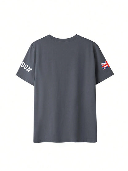 SXV Summer London Letter Print Cheongsam Pattern Round Neck Short Sleeve T-Shirt