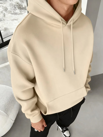 SXV Men's Casual Minimalist Solid Color Kangaroo Pocket Drawstring Hoodie, Suitable For Daily Commute, Autumn