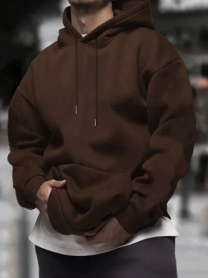 SXV Men's Casual Minimalist Solid Color Kangaroo Pocket Drawstring Hoodie, Suitable For Daily Commute, Autumn