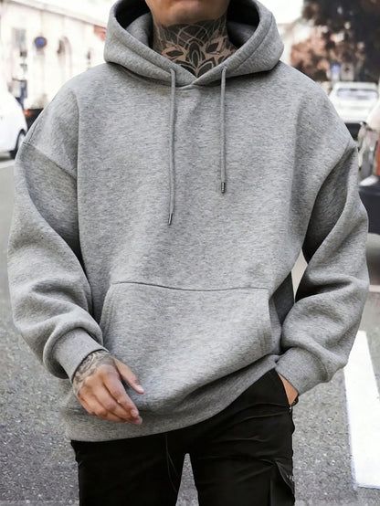 SXV Men's Casual Minimalist Solid Color Kangaroo Pocket Drawstring Hoodie, Suitable For Daily Commute, Autumn