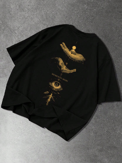 SXV Casual Commuter Eye & Letter Print Short Sleeve Black T-Shirt