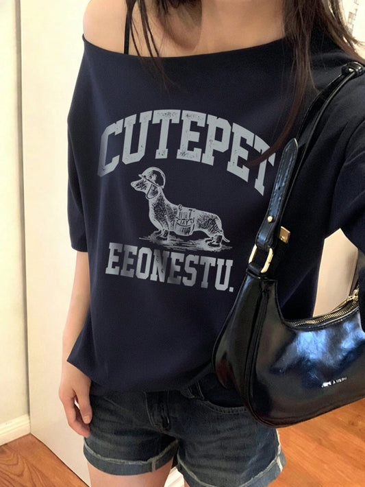 SXV Women's Casual Letter Print Asymmetric Neck Loose Short Sleeve T-Shirt