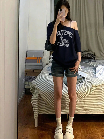 SXV Women's Casual Letter Print Asymmetric Neck Loose Short Sleeve T-Shirt