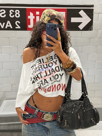 SXV Women's Fashionable Multi-Color Letter Print Oblique Shoulder Short T-Shirt