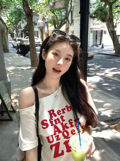 SXV Red Letter Print Asymmetrical Shoulder Short Sleeve T-Shirt For Women