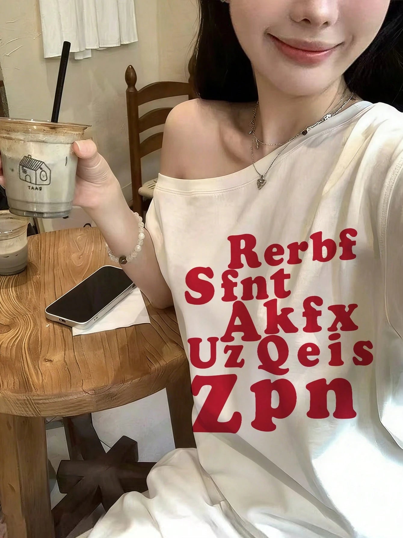 SXV Red Letter Print Asymmetrical Shoulder Short Sleeve T-Shirt For Women