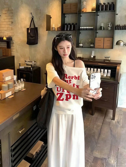 SXV Red Letter Print Asymmetrical Shoulder Short Sleeve T-Shirt For Women