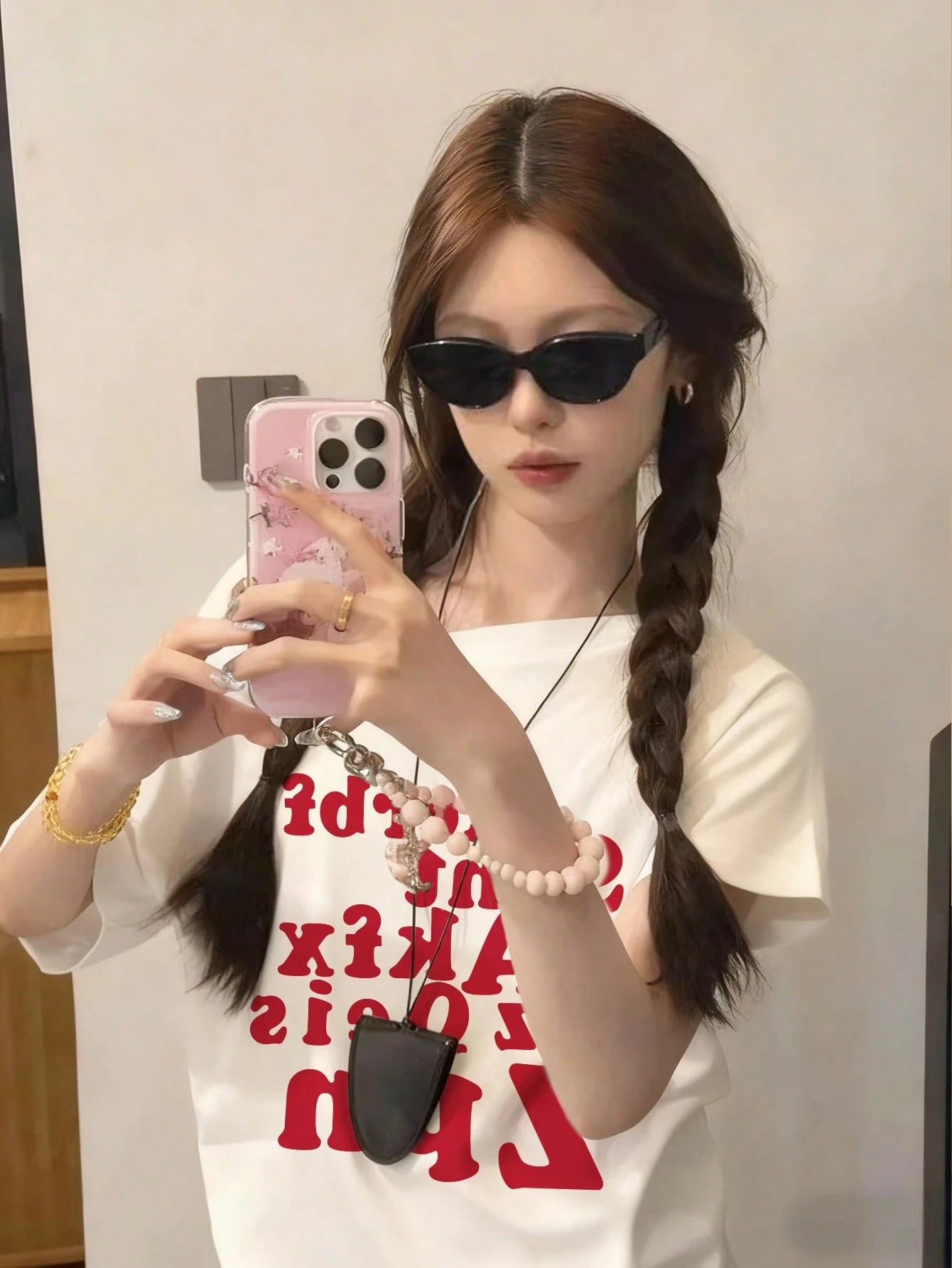 SXV Red Letter Print Asymmetrical Shoulder Short Sleeve T-Shirt For Women