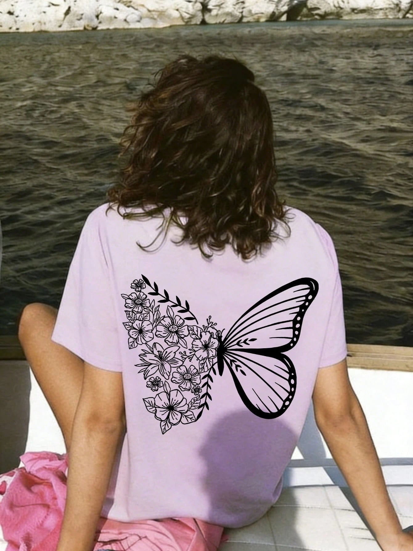 SXV Cute Pattern Butterfly Casual Vacation Style Loose Versatile Round Neck Short Sleeve T-Shirt