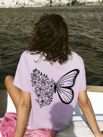SXV Cute Pattern Butterfly Casual Vacation Style Loose Versatile Round Neck Short Sleeve T-Shirt