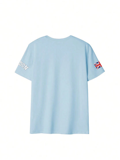 SXV Summer London Letter Print Cheongsam Pattern Round Neck Short Sleeve T-Shirt