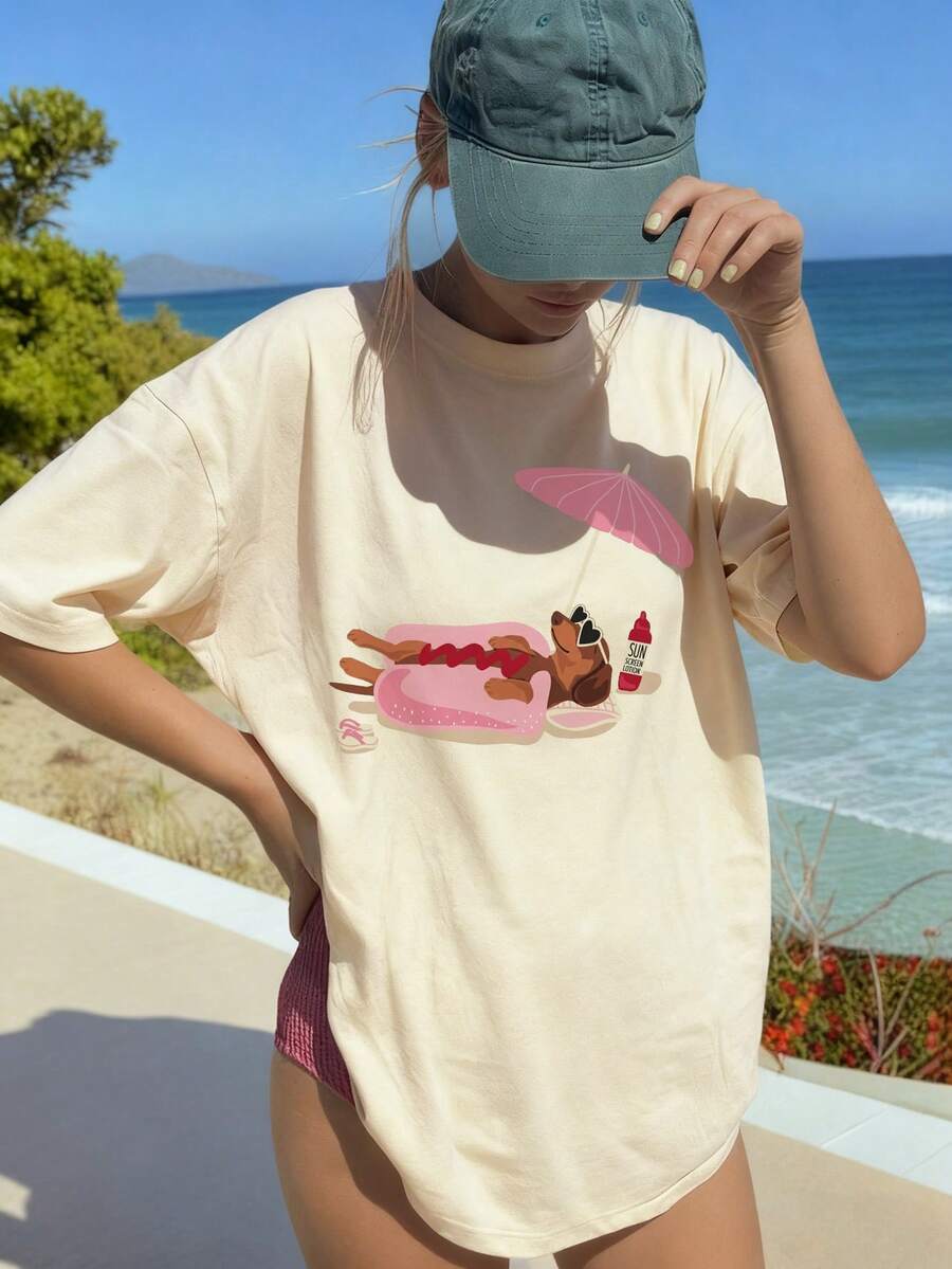 SXV Women's Summer New Casual Beach Sunbathing Dachshund Print Loose Versatile Crew Neck Beige Short Sleeve T-Shirt