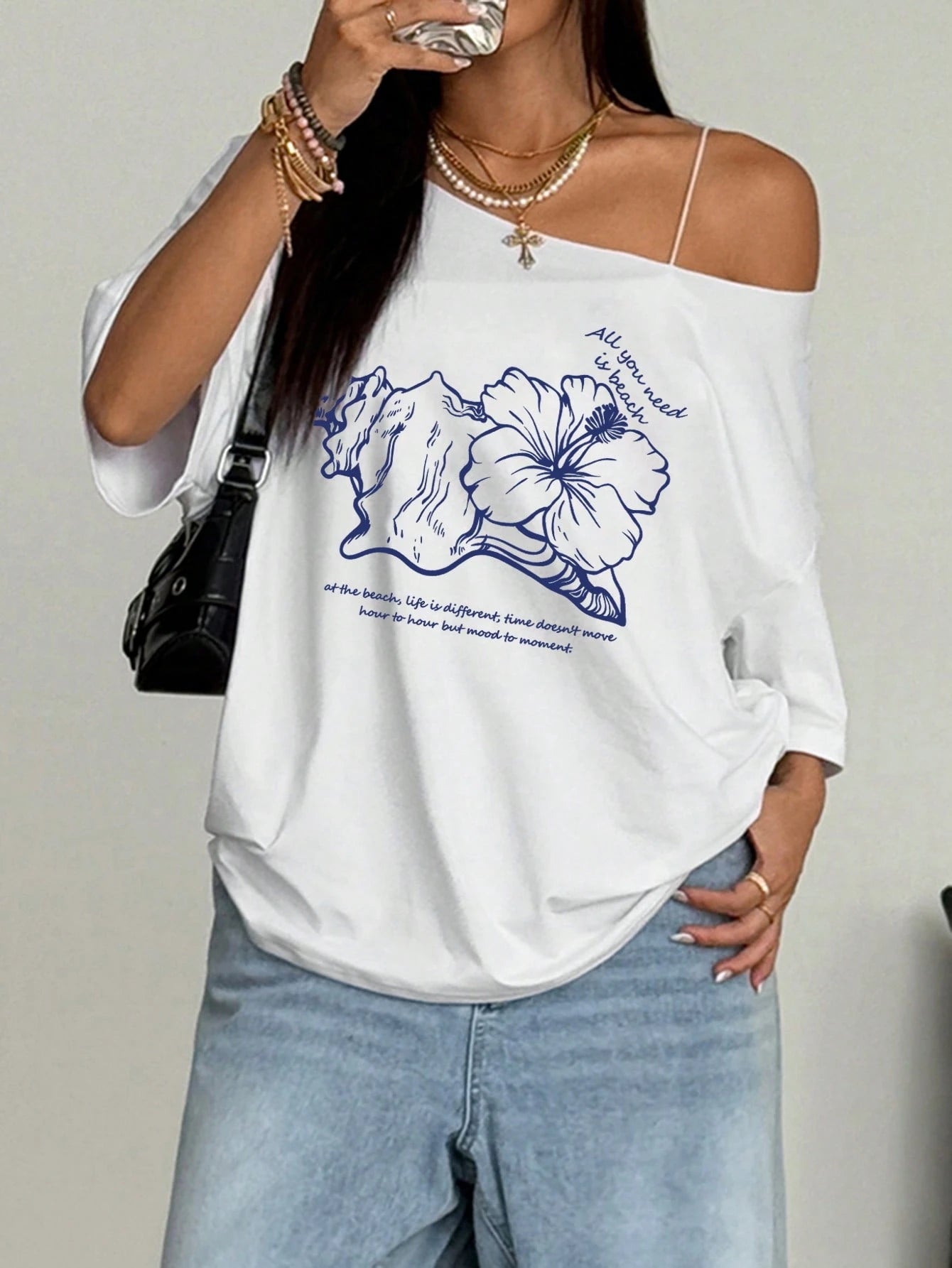 SXV Asymmetrical Shoulder Hibiscus Print Beach Style Oversized Tee