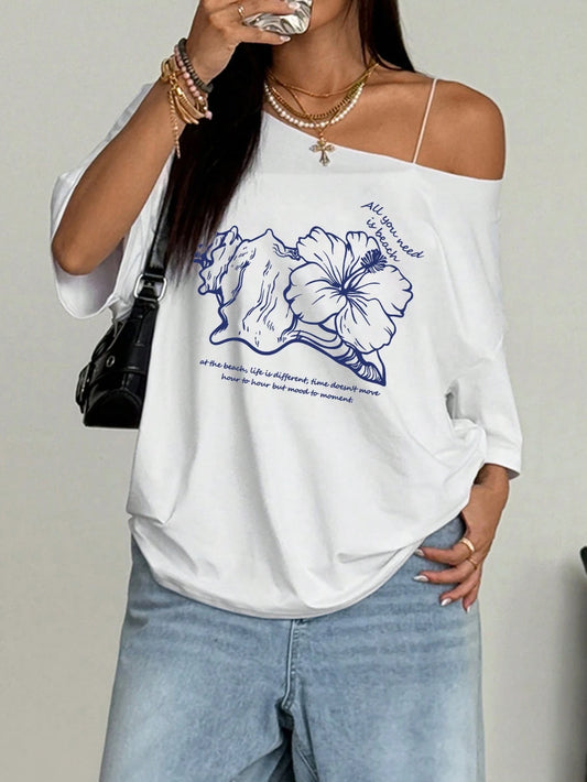 SXV Asymmetrical Shoulder Hibiscus Print Beach Style Oversized Tee