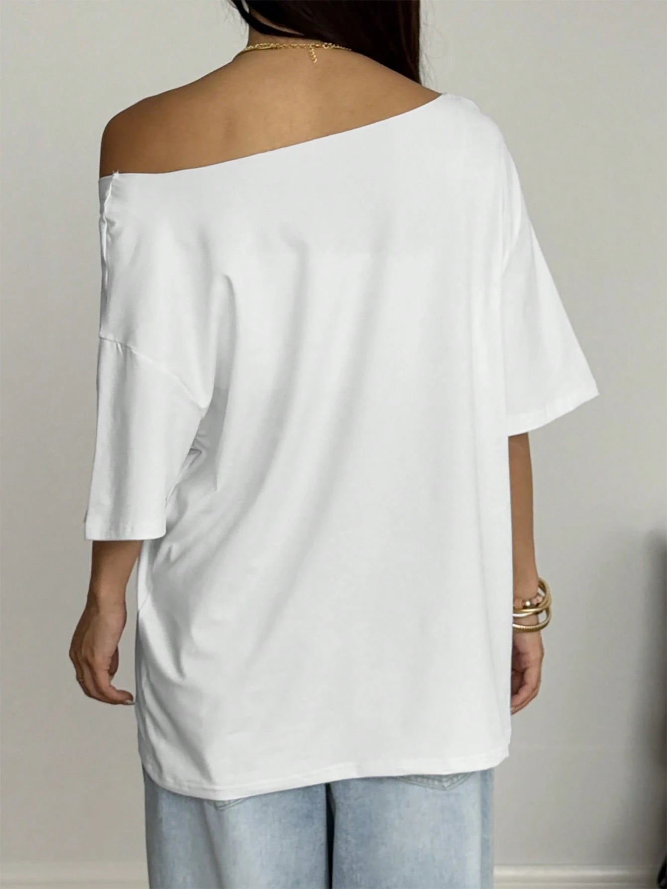 SXV Asymmetrical Shoulder Hibiscus Print Beach Style Oversized Tee