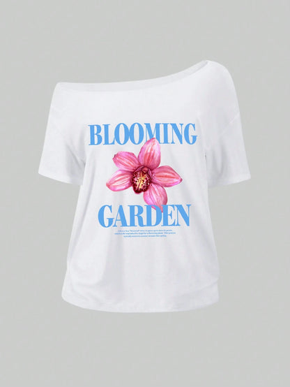 SXV blooming garden Asymmetrical Shoulder Hibiscus Print Beach Style Oversized Tee