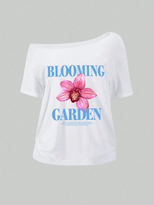 SXV blooming garden Asymmetrical Shoulder Hibiscus Print Beach Style Oversized Tee