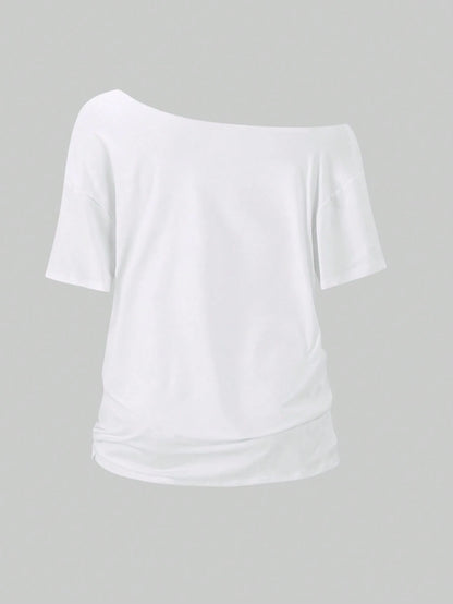 SXV blooming garden Asymmetrical Shoulder Hibiscus Print Beach Style Oversized Tee