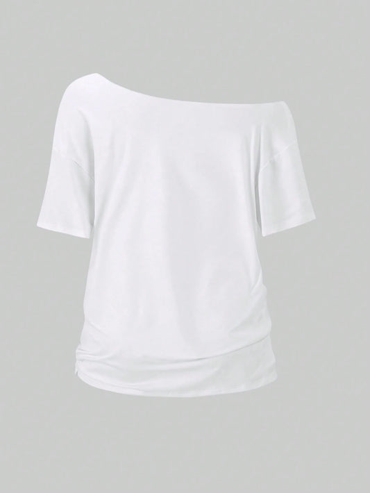 SXV blooming garden Asymmetrical Shoulder Hibiscus Print Beach Style Oversized Tee