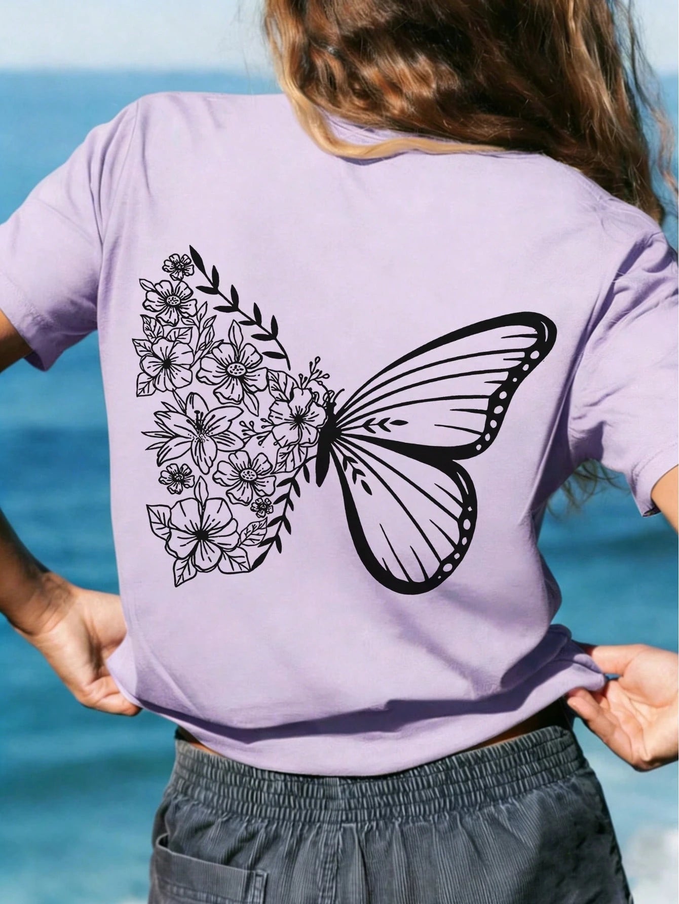 SXV Cute Pattern Butterfly Casual Vacation Style Loose Versatile Round Neck Short Sleeve T-Shirt