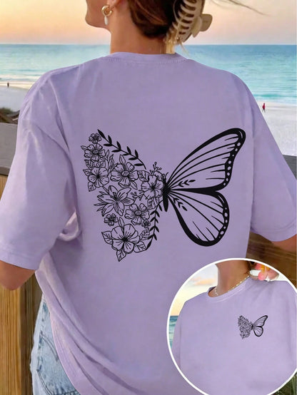 SXV Cute Pattern Butterfly Casual Vacation Style Loose Versatile Round Neck Short Sleeve T-Shirt