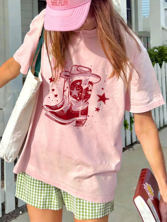 SXV Hat & High Heel Boot Graphic Print Round Neck Pink Short Sleeve T-Shirt