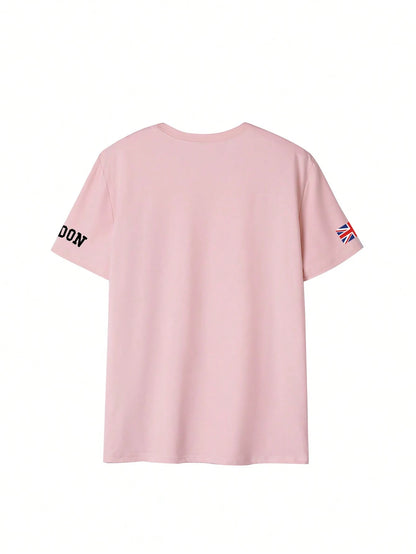 SXV Summer London Letter Print Cheongsam Pattern Round Neck Short Sleeve T-Shirt