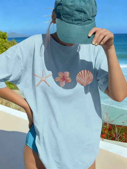 SXV Shell & Starfish Print Casual Vacation Style Baggy Tee