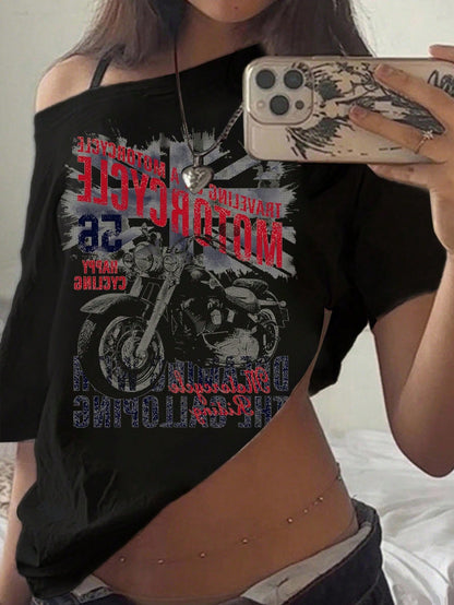 SXV Women's Off-Shoulder motorcycle Printed Casual T-Shirt Graphic Tees Women Tops