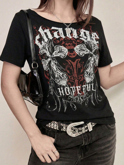 SXV 2000s Gothic Style Women's Black Asymmetric Open Shoulder Short Sleeve Graphic T-Shirt, Punk Street Casual Top Summer