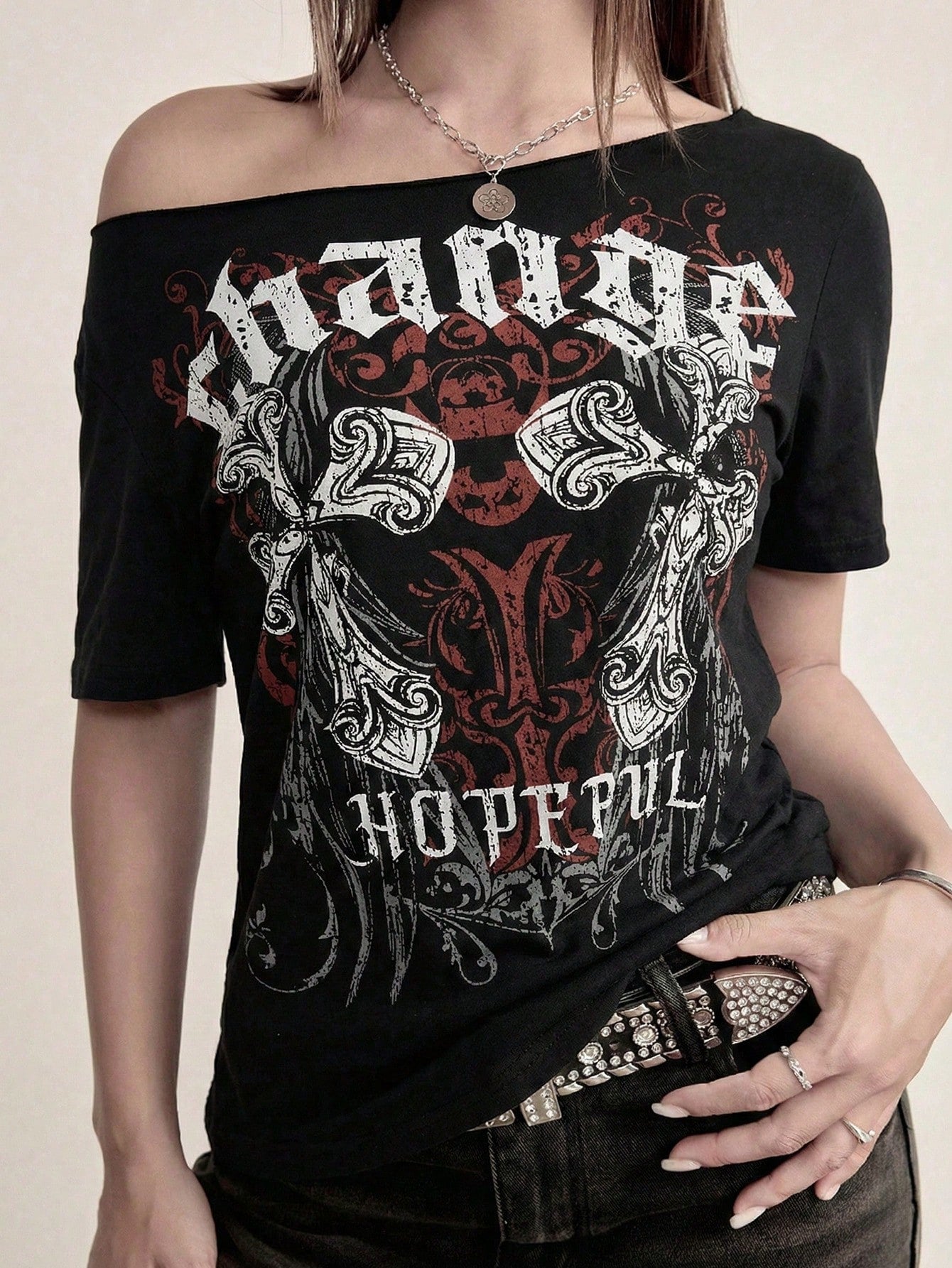 SXV 2000s Gothic Style Women's Black Asymmetric Open Shoulder Short Sleeve Graphic T-Shirt, Punk Street Casual Top Summer