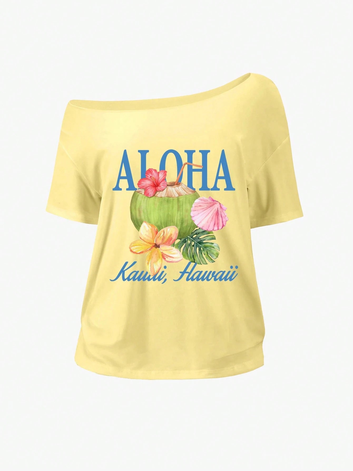 SXV Women's Loose Yellow T-Shirt, Aloha Off-Shoulder Fruit Lemon Beach Style