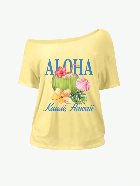 SXV Women's Loose Yellow T-Shirt, Aloha Off-Shoulder Fruit Lemon Beach Style