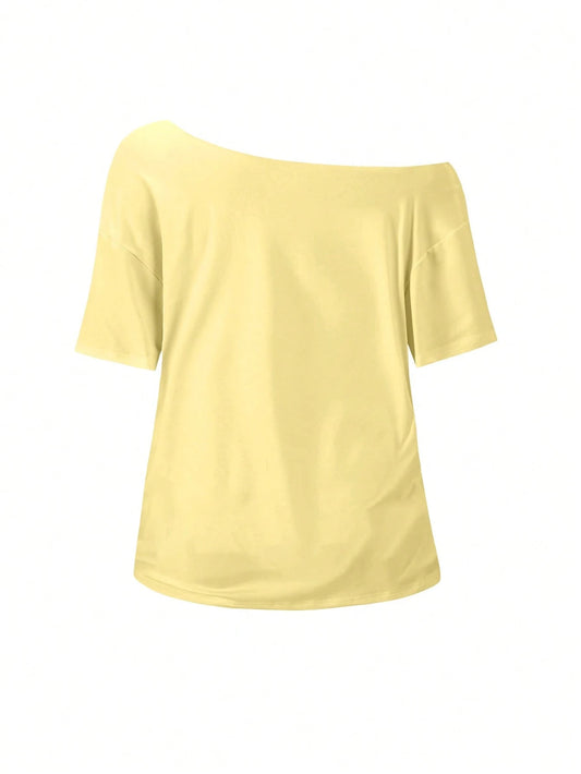 SXV Women's Loose Yellow T-Shirt, Aloha Off-Shoulder Fruit Lemon Beach Style